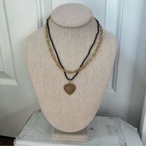 Gold tone heart chain black seed bead layered multistrand necklace charm taylor
